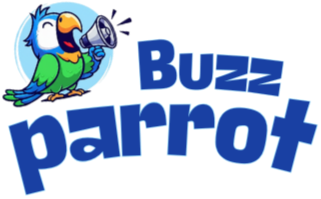 Logo of Buzz Parrot with a colorful parrot holding a megaphone on a white background